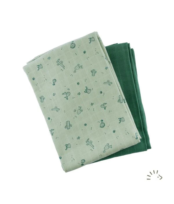 Mussoline in cotone bio 120x120cm -2pezzi fantasia cactus verde